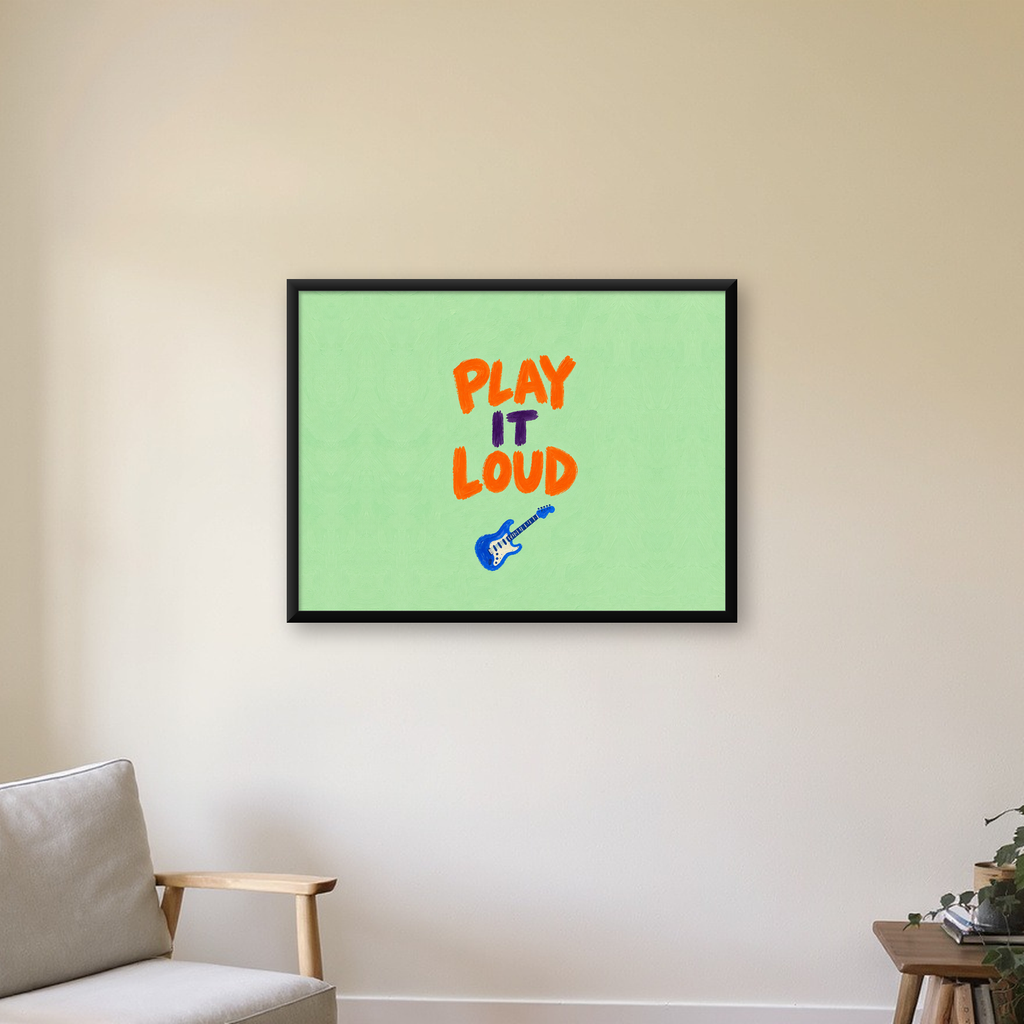 PLAY IT LOUD Elektrik Gitar Temalı Poster – Motive Edici Duvar Dekoru — Yatay baskı, çerçeveli hâliyle bir ev duvarında