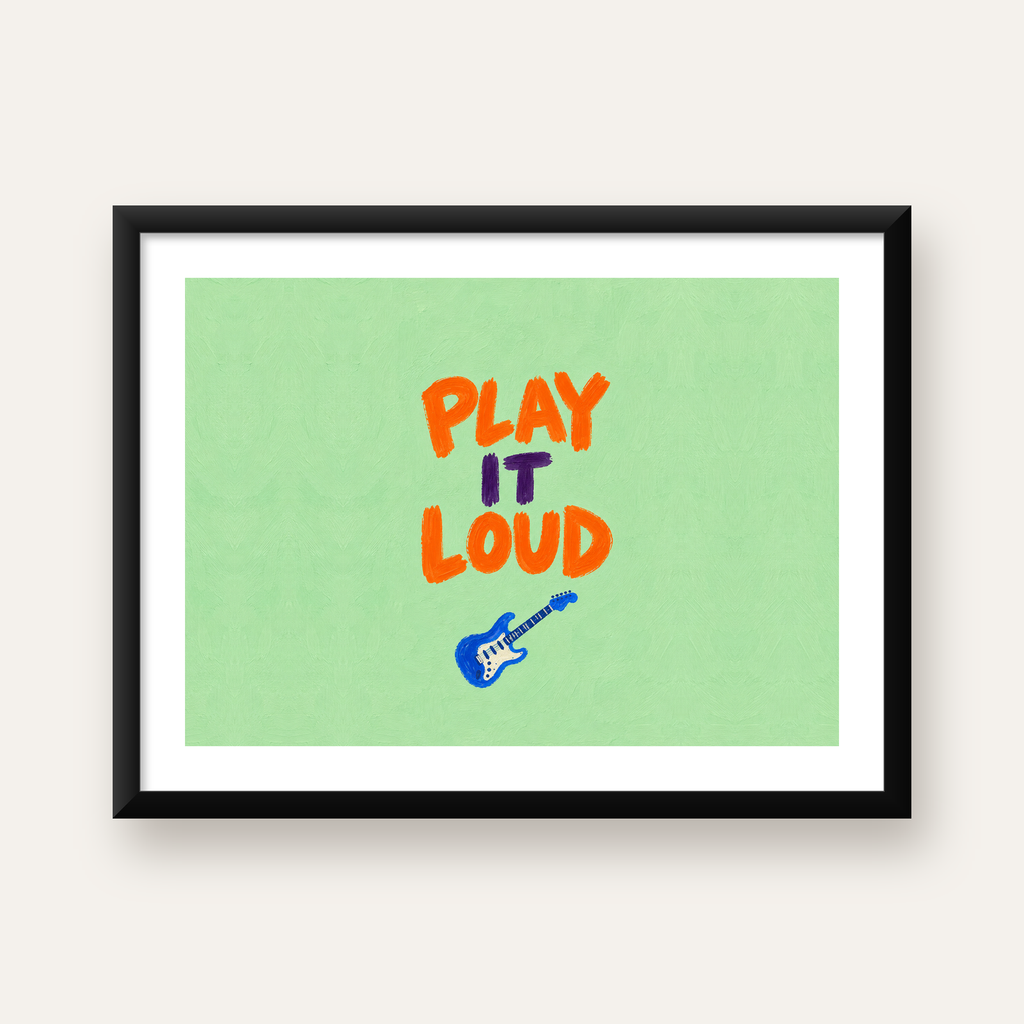 PLAY IT LOUD Elektrik Gitar Temalı Poster – Motive Edici Duvar Dekoru — Yatay baskı, beyaz kenar boşluklu