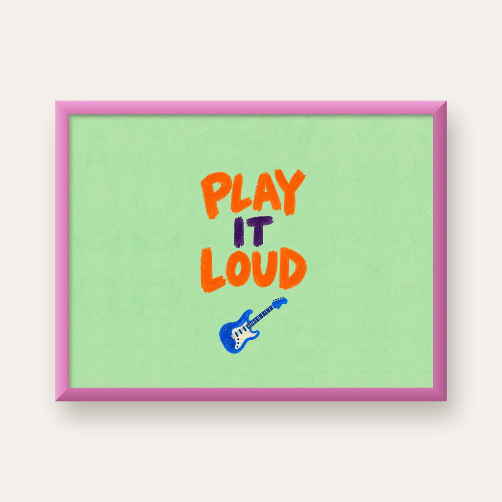 PLAY LOUD Elektrik Gitar Poster – Renkli ve Canlı Duvar Sanatı — pembe çerçeveli