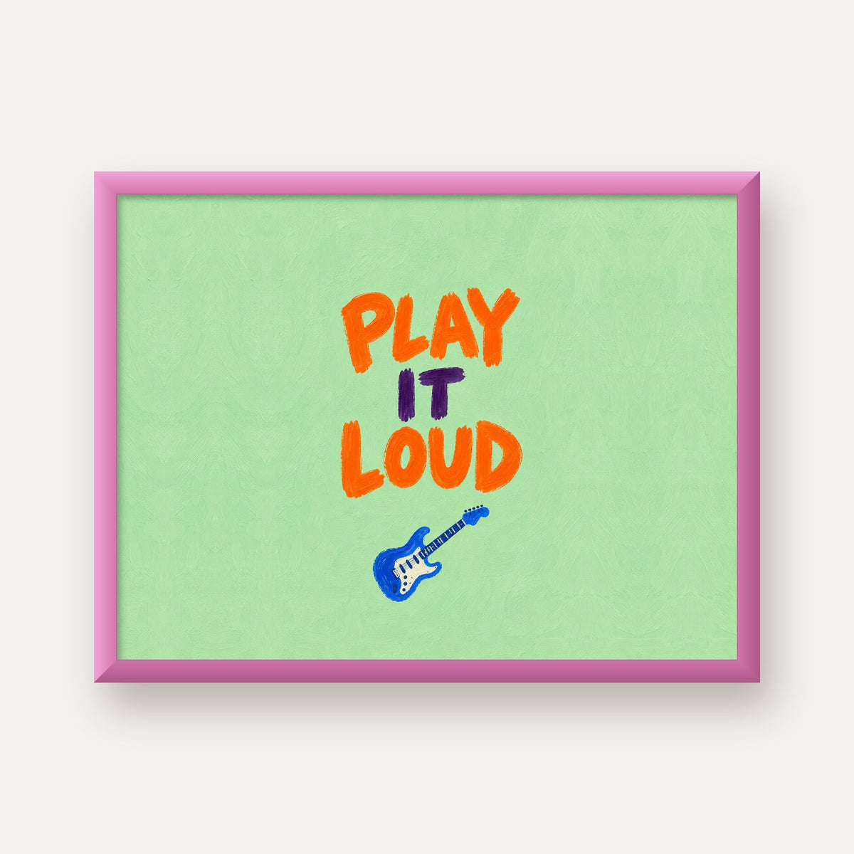PLAY LOUD Elektrik Gitar Poster – Renkli ve Canlı Duvar Sanatı — pembe çerçeveli