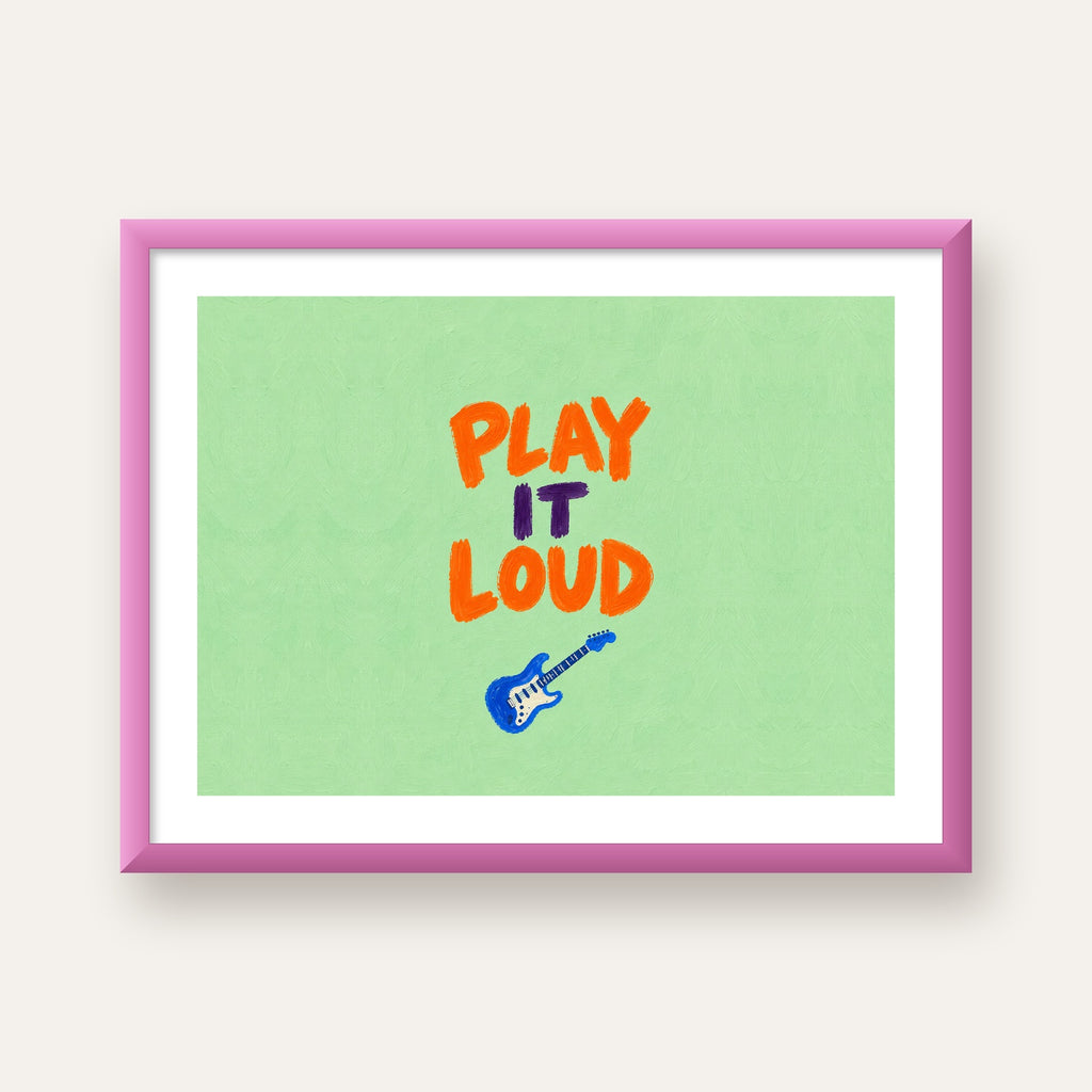 PLAY LOUD Elektrik Gitar Poster – Renkli ve Canlı Duvar Sanatı — pembe çerçeveli paspartulu