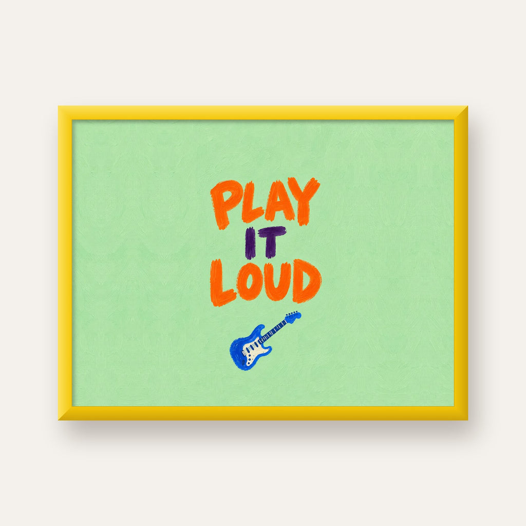 PLAY LOUD Elektrik Gitar Poster – Renkli ve Canlı Duvar Sanatı — sarı çerçeveli