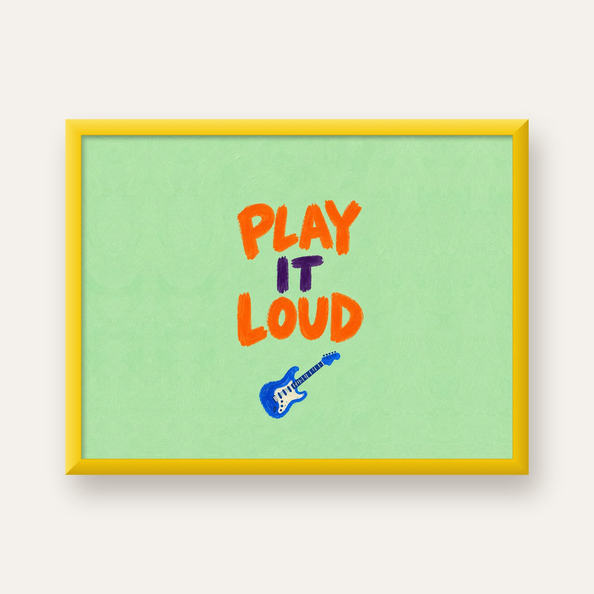 PLAY LOUD Elektrik Gitar Poster – Renkli ve Canlı Duvar Sanatı — sarı çerçeveli