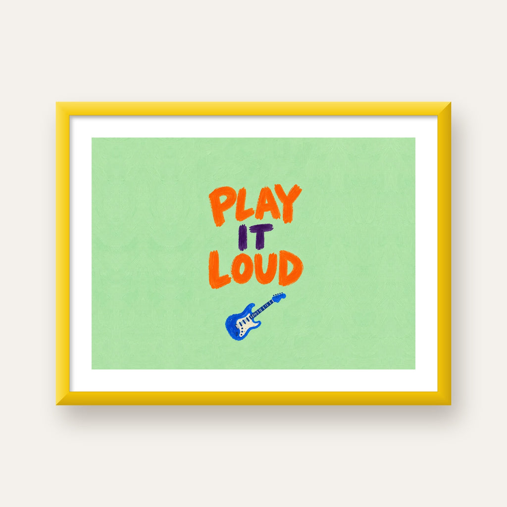 PLAY LOUD Elektrik Gitar Poster – Renkli ve Canlı Duvar Sanatı — sarı çerçeveli paspartulu