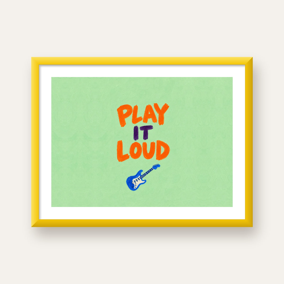PLAY LOUD Elektrik Gitar Poster – Renkli ve Canlı Duvar Sanatı — sarı çerçeveli paspartulu