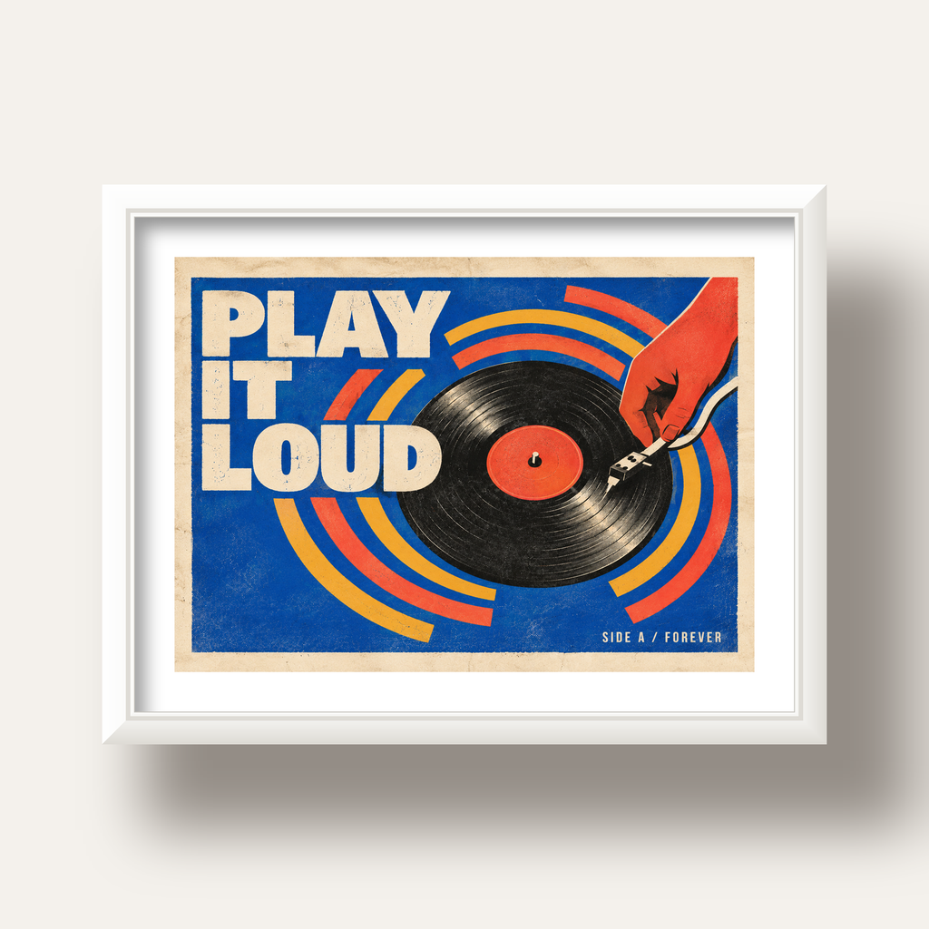 PLAY IT LOUD Retro Vinil Plak & Müzik Temalı Poster — beyaz derin çerçeveli paspartulu