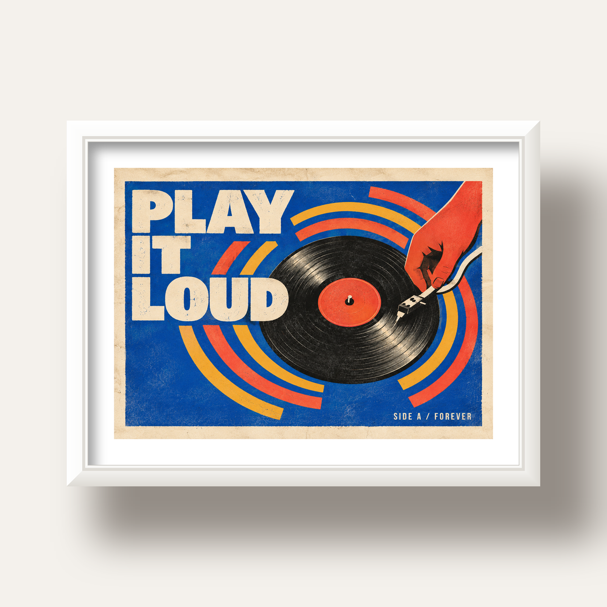PLAY IT LOUD Retro Vinil Plak & Müzik Temalı Poster — beyaz derin çerçeveli paspartulu