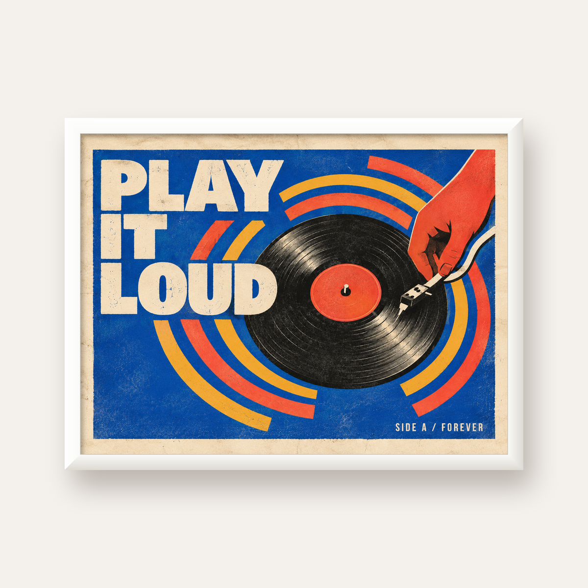 PLAY IT LOUD Retro Vinil Plak & Müzik Temalı Poster — beyaz çerçeveli yatay poster