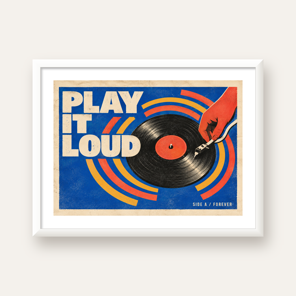 PLAY IT LOUD Retro Vinil Plak & Müzik Temalı Poster — beyaz çerçeveli yatay poster