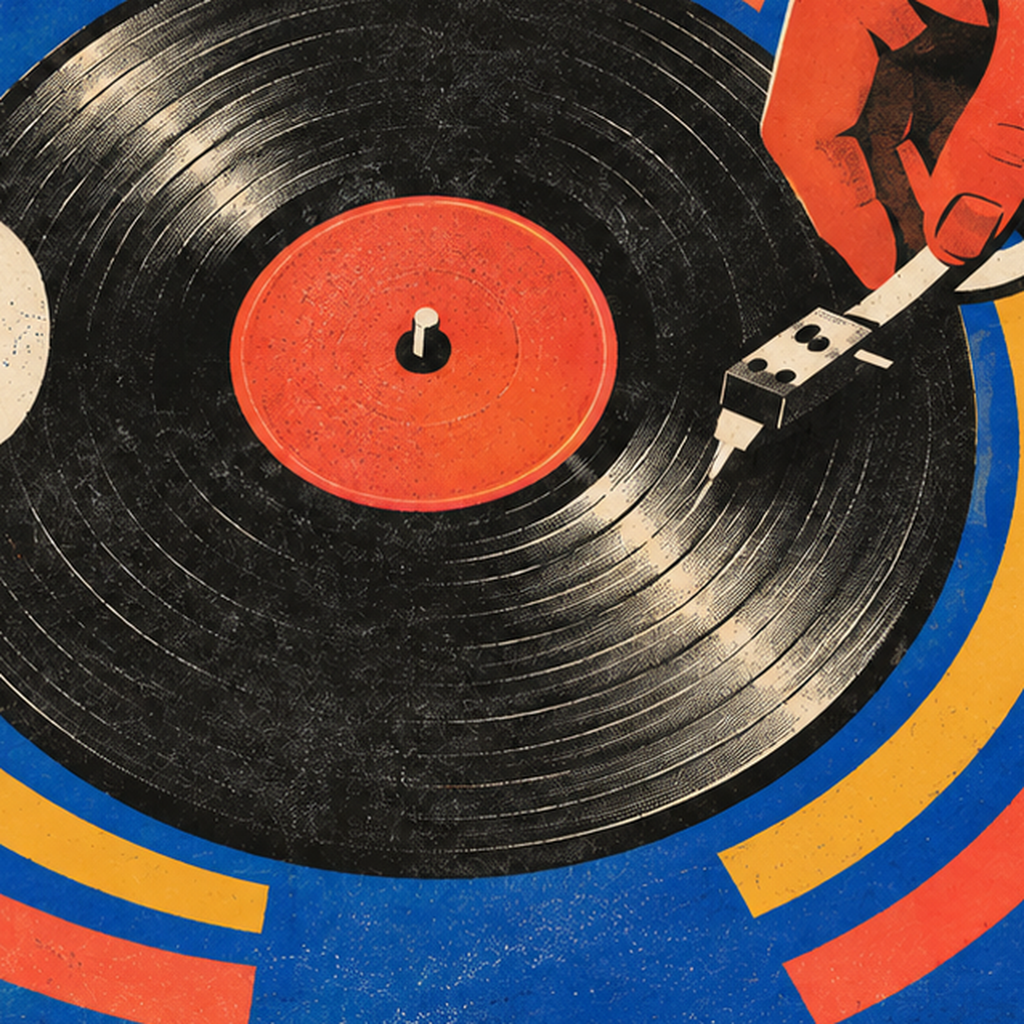 PLAY IT LOUD Retro Vinil Plak & Müzik Temalı Poster — baskının yakın çekimi, kâğıt dokusu ve renk detayı
