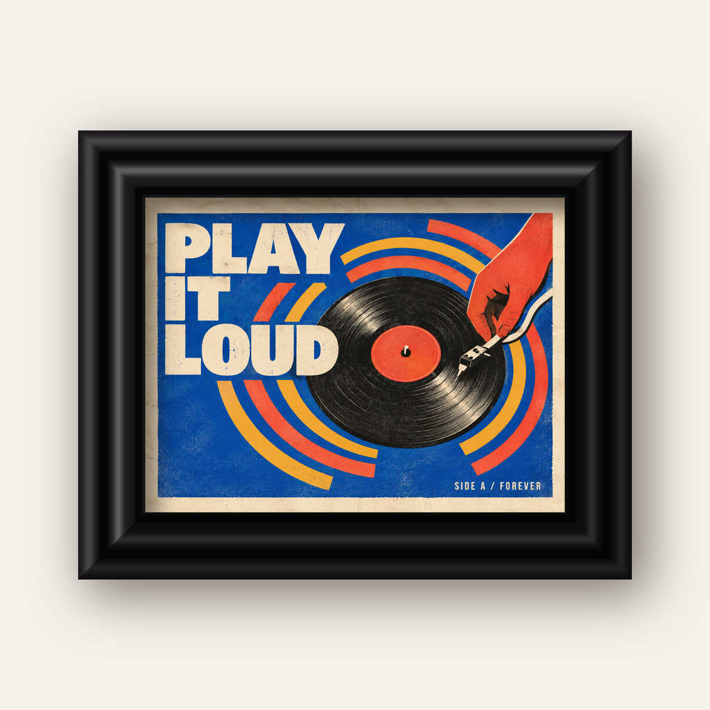 PLAY IT LOUD Retro Vinil Plak & Müzik Temalı Poster — siyah galeri çerçeveli