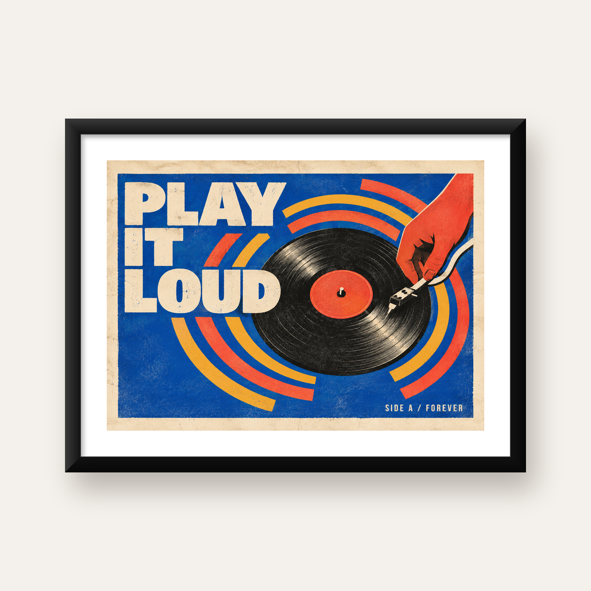 PLAY IT LOUD Retro Vinil Plak & Müzik Temalı Poster — Yatay baskı, beyaz paspartulu