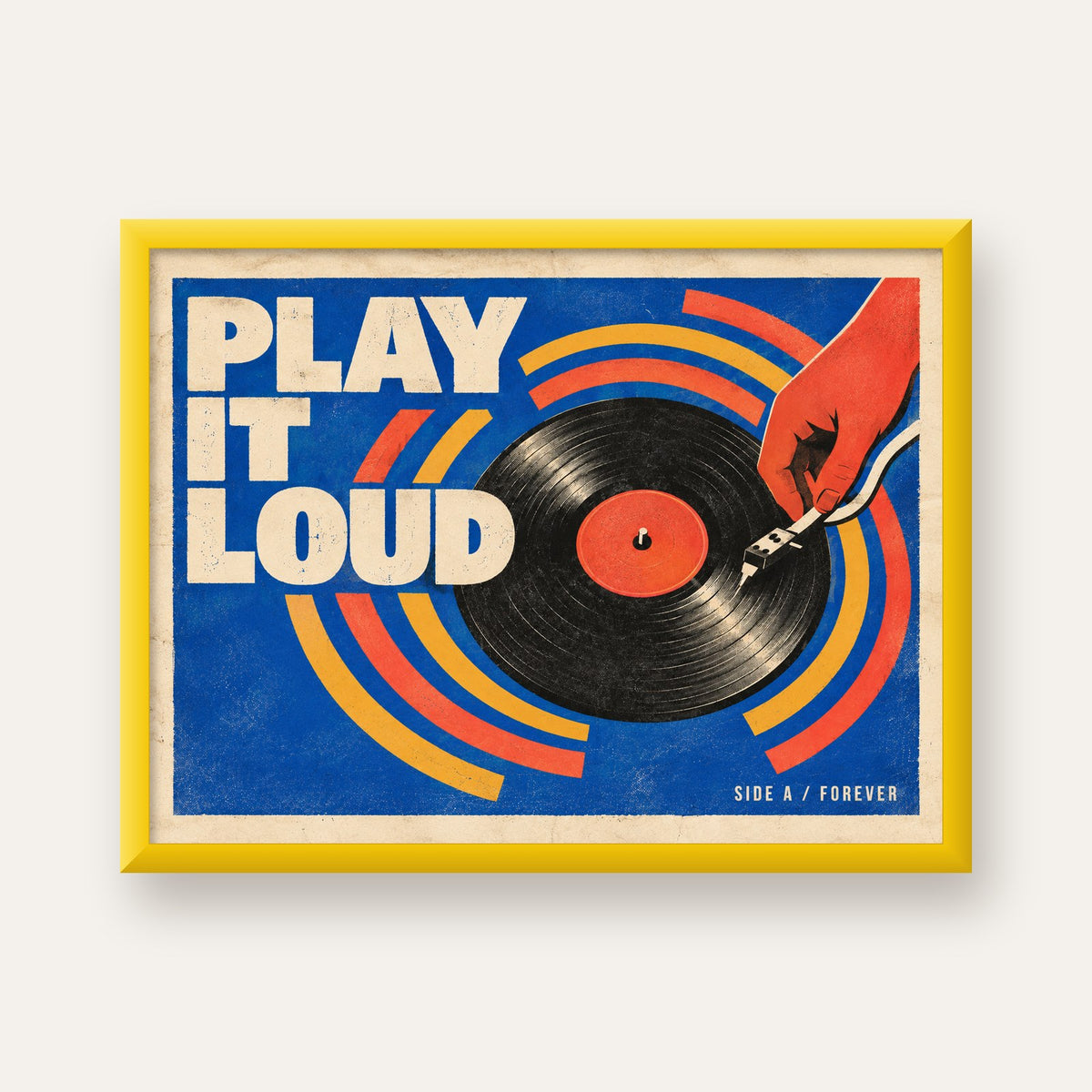 PLAY IT LOUD Retro Vinil Plak & Müzik Temalı Poster — sarı çerçeveli