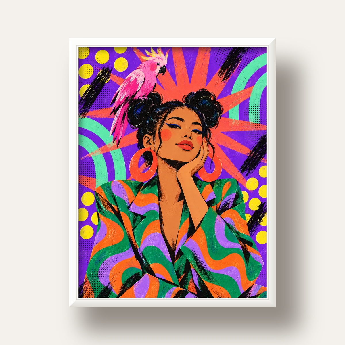 Renkli Pop Art Portre & Papağan Poster – Canlı Modern Sanat — beyaz derin çerçeveli