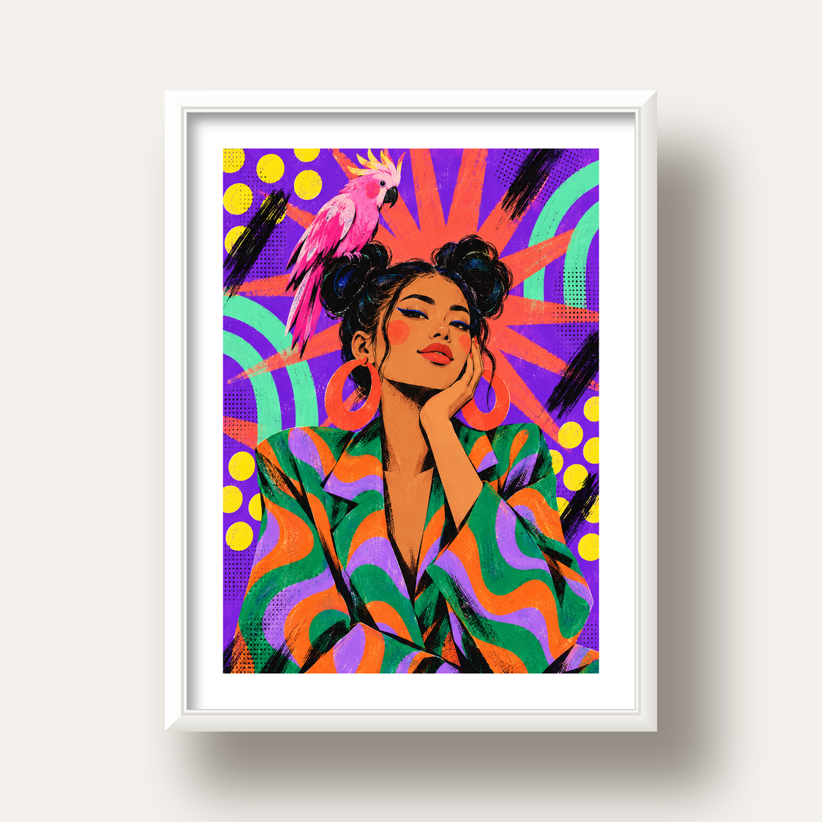 Renkli Pop Art Portre & Papağan Poster – Canlı Modern Sanat — beyaz derin çerçeveli paspartulu