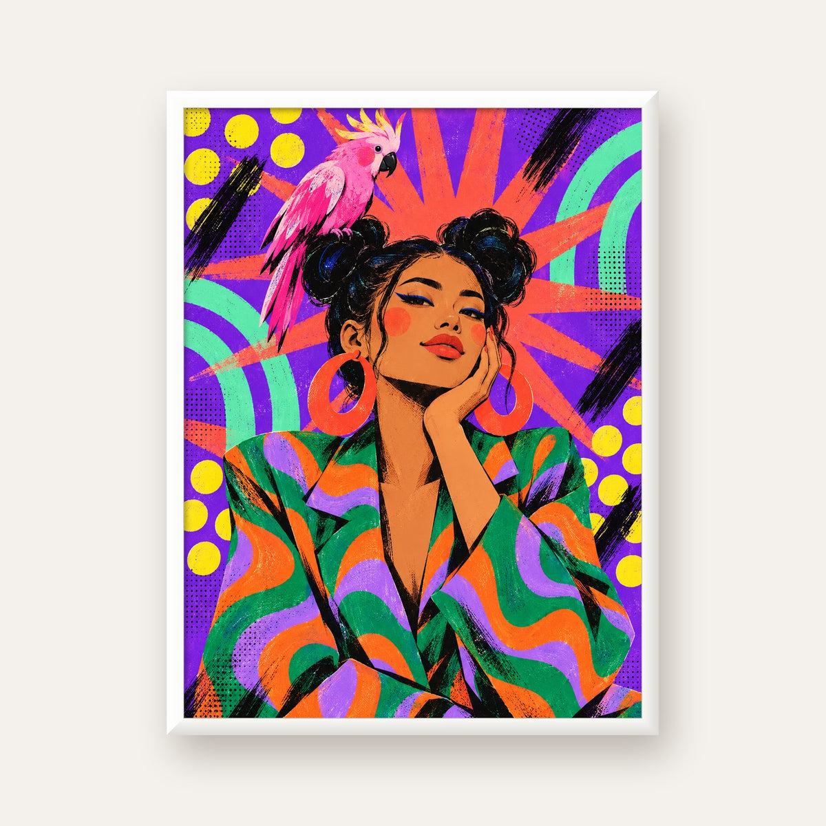 Renkli Pop Art Portre & Papağan Poster – Canlı Modern Sanat — beyaz çerçeveli dikey poster