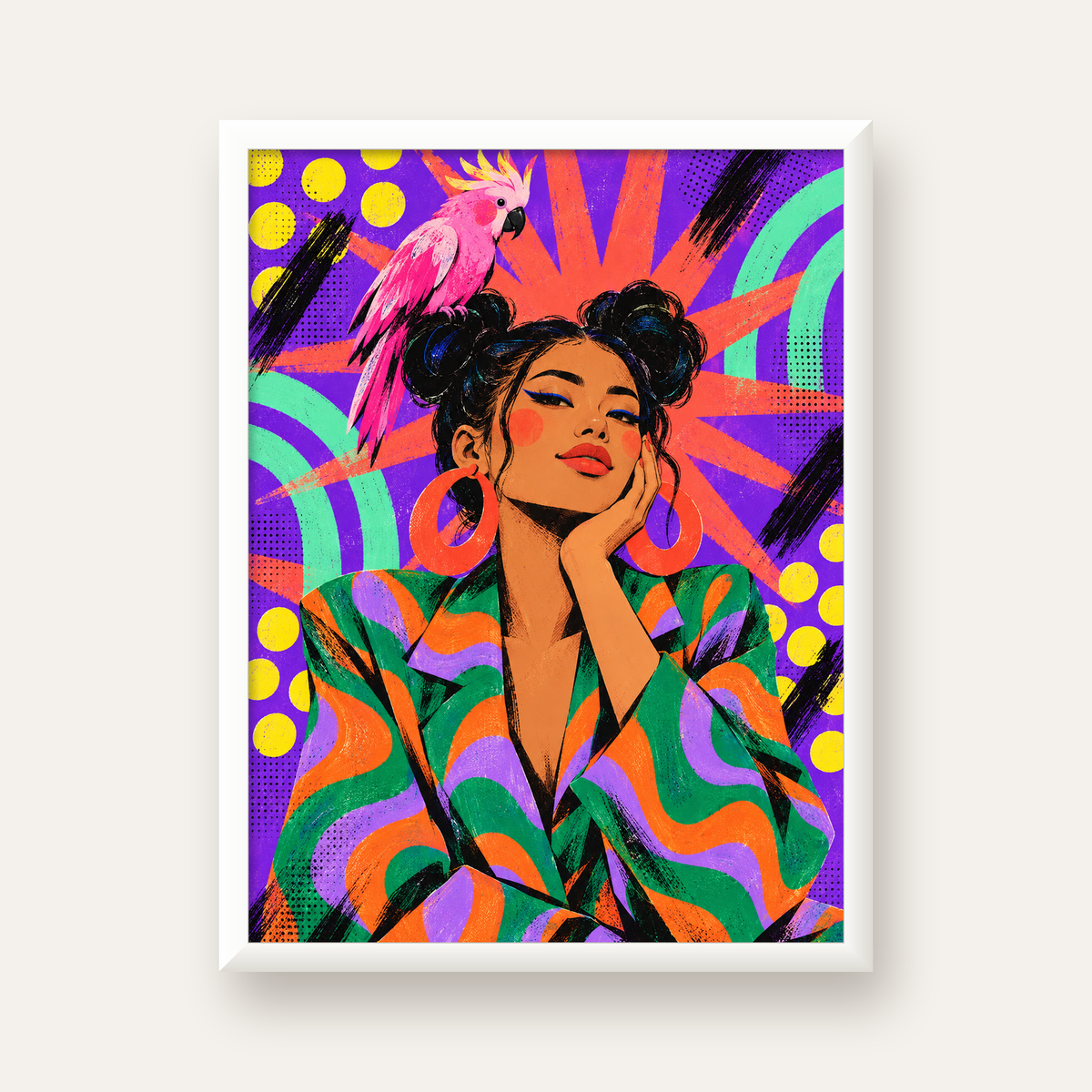 Renkli Pop Art Portre & Papağan Poster – Canlı Modern Sanat — beyaz çerçeveli dikey poster