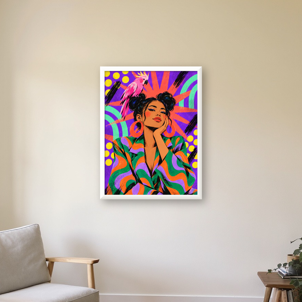 Renkli Pop Art Portre & Papağan Poster – Canlı Modern Sanat — beyaz çerçeveli dikey poster