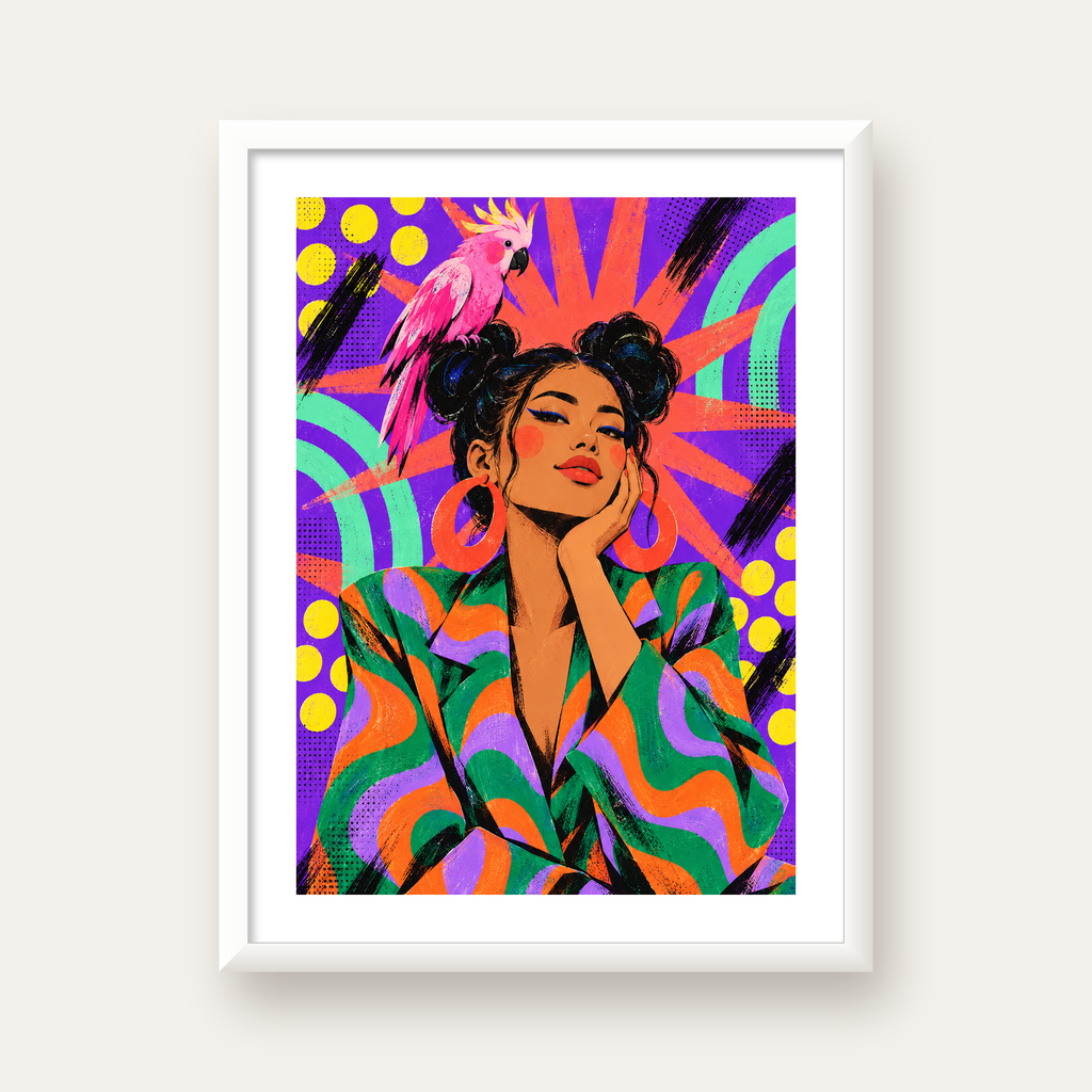 Renkli Pop Art Portre & Papağan Poster – Canlı Modern Sanat — beyaz çerçeveli dikey poster