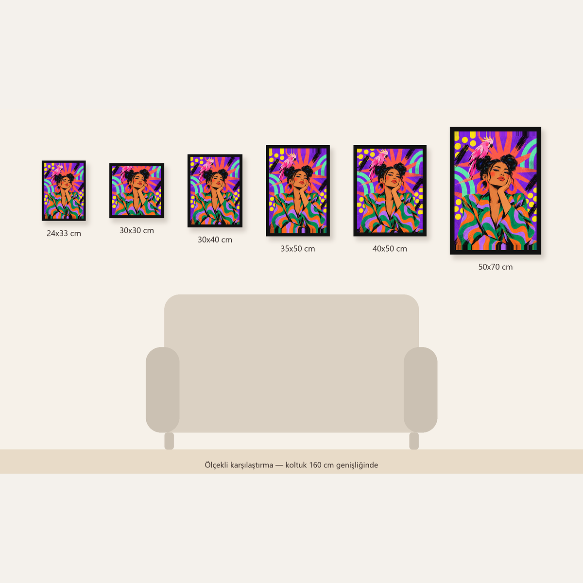 Renkli Pop Art Portre & Papağan Poster – Canlı Modern Sanat — Dikey ölçülerinin karşılaştırması