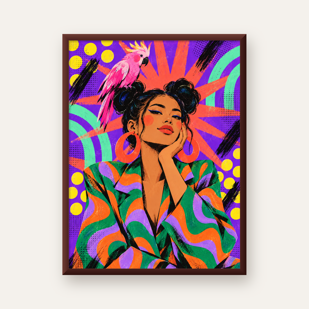 Renkli Pop Art Portre & Papağan Poster – Canlı Modern Sanat — ceviz çerçeveli