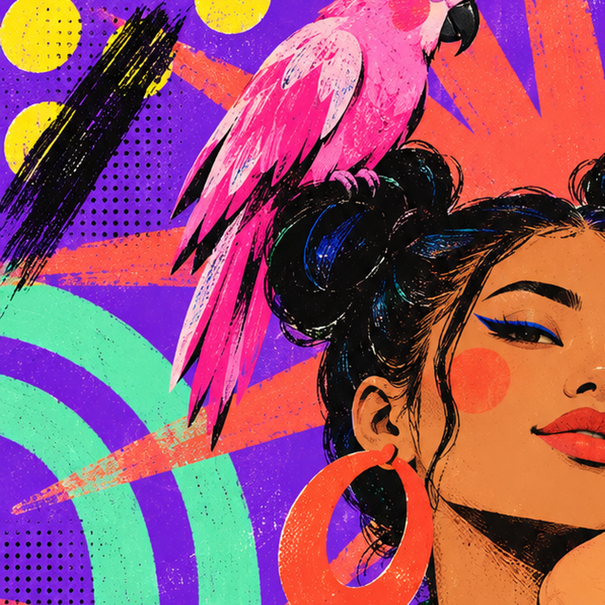 Renkli Pop Art Portre & Papağan Poster – Canlı Modern Sanat — baskının yakın çekimi, kâğıt dokusu ve renk detayı