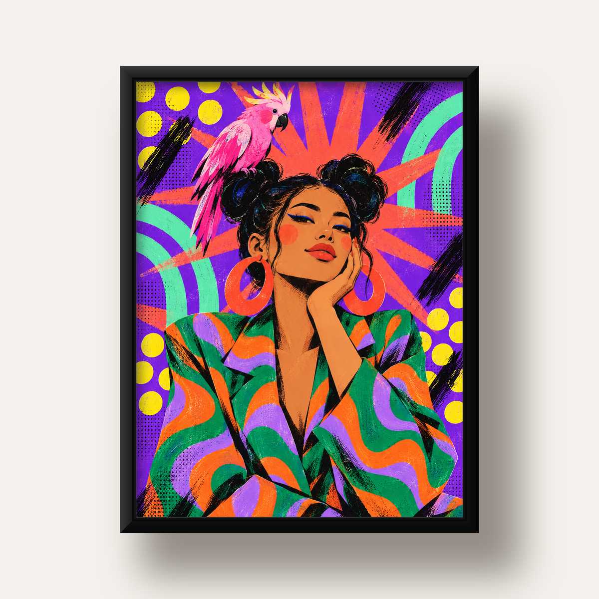 Renkli Pop Art Portre & Papağan Poster – Canlı Modern Sanat — siyah derin çerçeveli