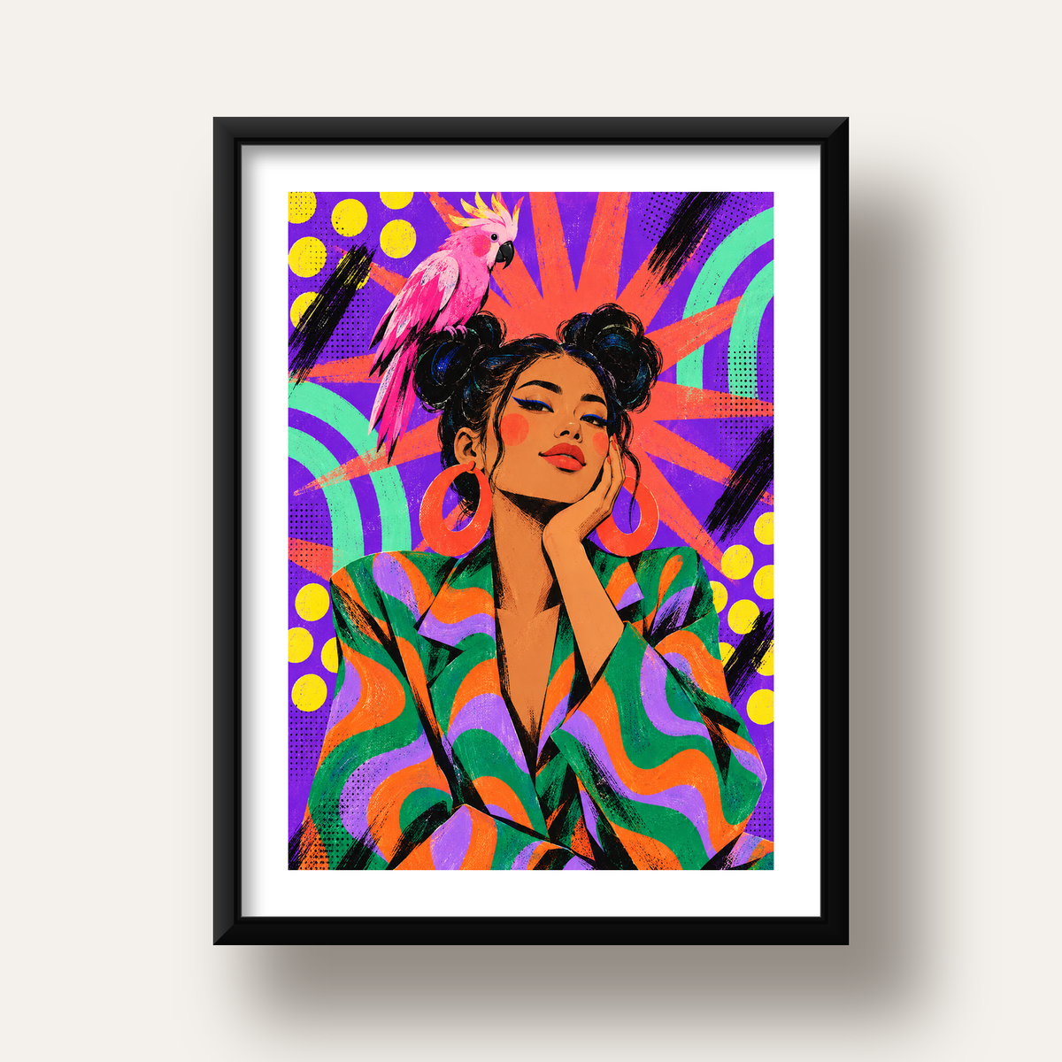 Renkli Pop Art Portre & Papağan Poster – Canlı Modern Sanat — siyah derin çerçeveli paspartulu