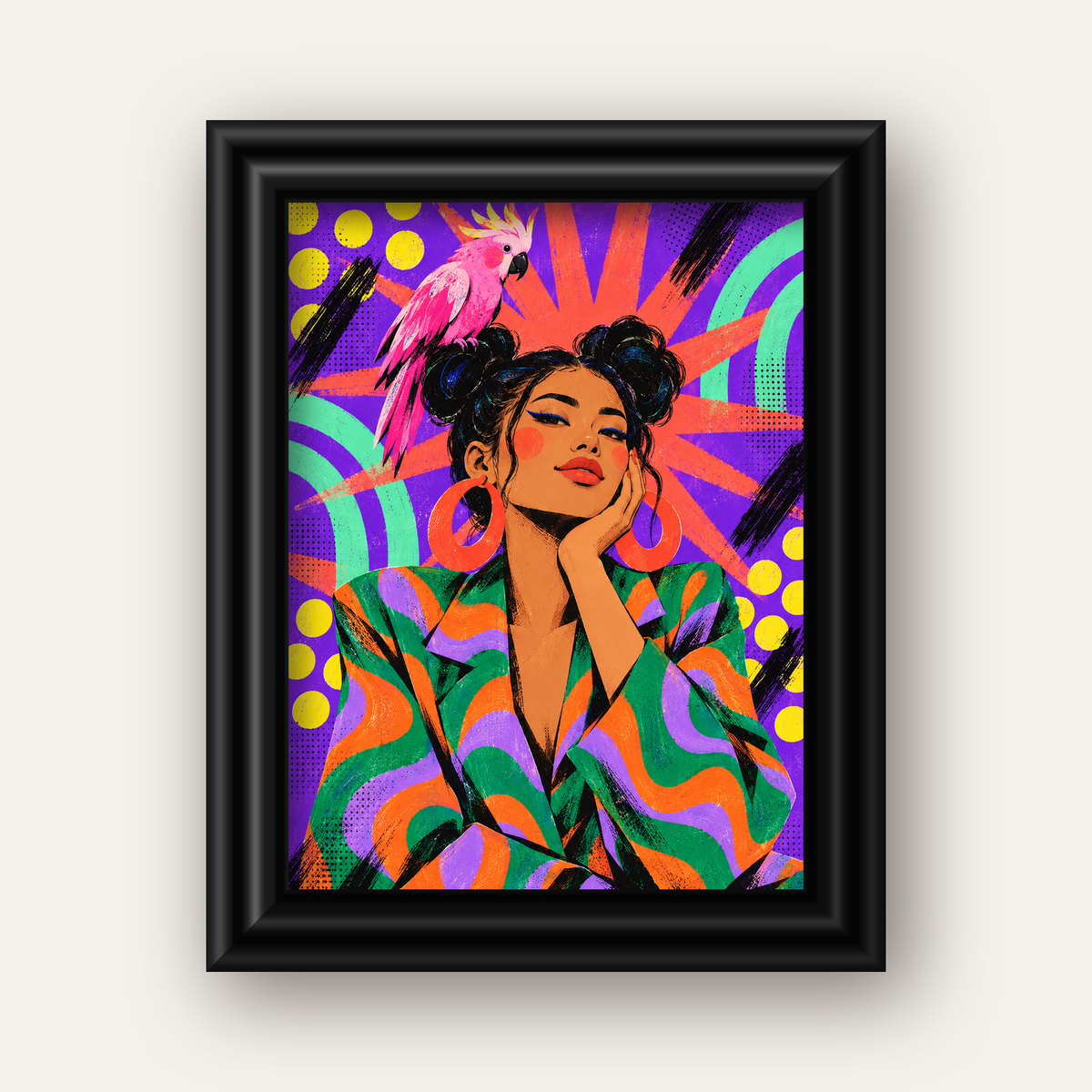 Renkli Pop Art Portre & Papağan Poster – Canlı Modern Sanat — siyah galeri çerçeveli