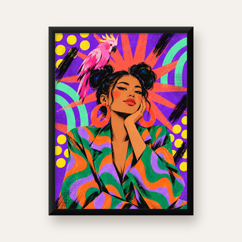 Renkli Pop Art Portre & Papağan Poster – Canlı Modern Sanat — Dikey baskı, düz siyah çerçeveli duvar posteri