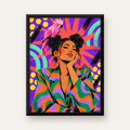 Renkli Pop Art Portre & Papağan Poster – Canlı Modern Sanat — Dikey baskı, düz siyah çerçeveli duvar posteri