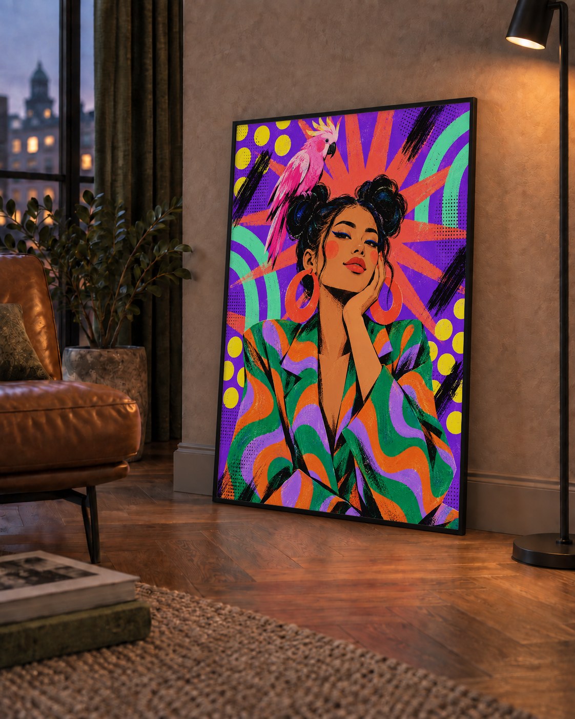 Renkli Pop Art Portre & Papağan Poster – Canlı Modern Sanat — çerçeveli hâliyle bir ev duvarında