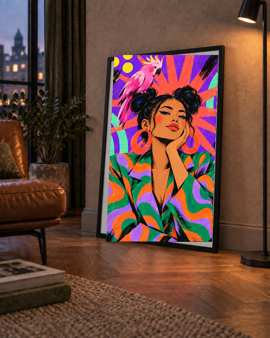 Renkli Pop Art Portre & Papağan Poster – Canlı Modern Sanat