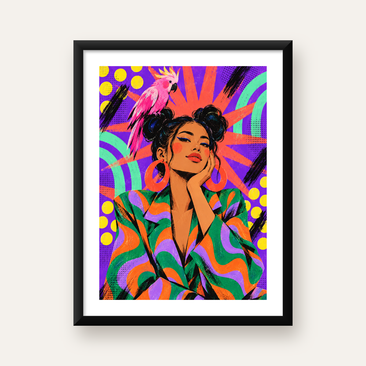 Renkli Pop Art Portre & Papağan Poster – Canlı Modern Sanat — Dikey baskı, beyaz paspartulu