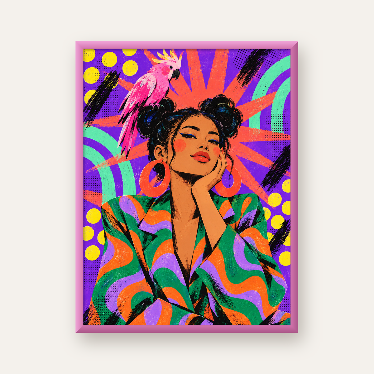 Renkli Pop Art Portre & Papağan Poster – Canlı Modern Sanat — pembe çerçeveli