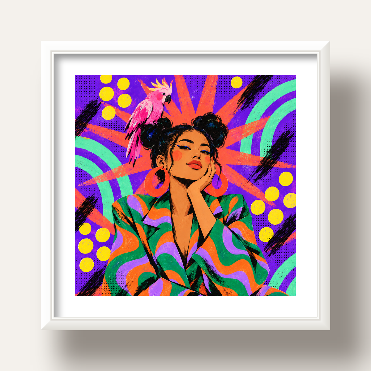 Renkli Pop Art Portre & Papağan Poster – Canlı Modern Sanat — beyaz derin çerçeveli paspartulu