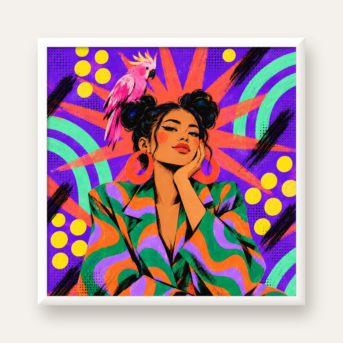 Renkli Pop Art Portre & Papağan Poster – Canlı Modern Sanat — beyaz çerçeveli kare poster