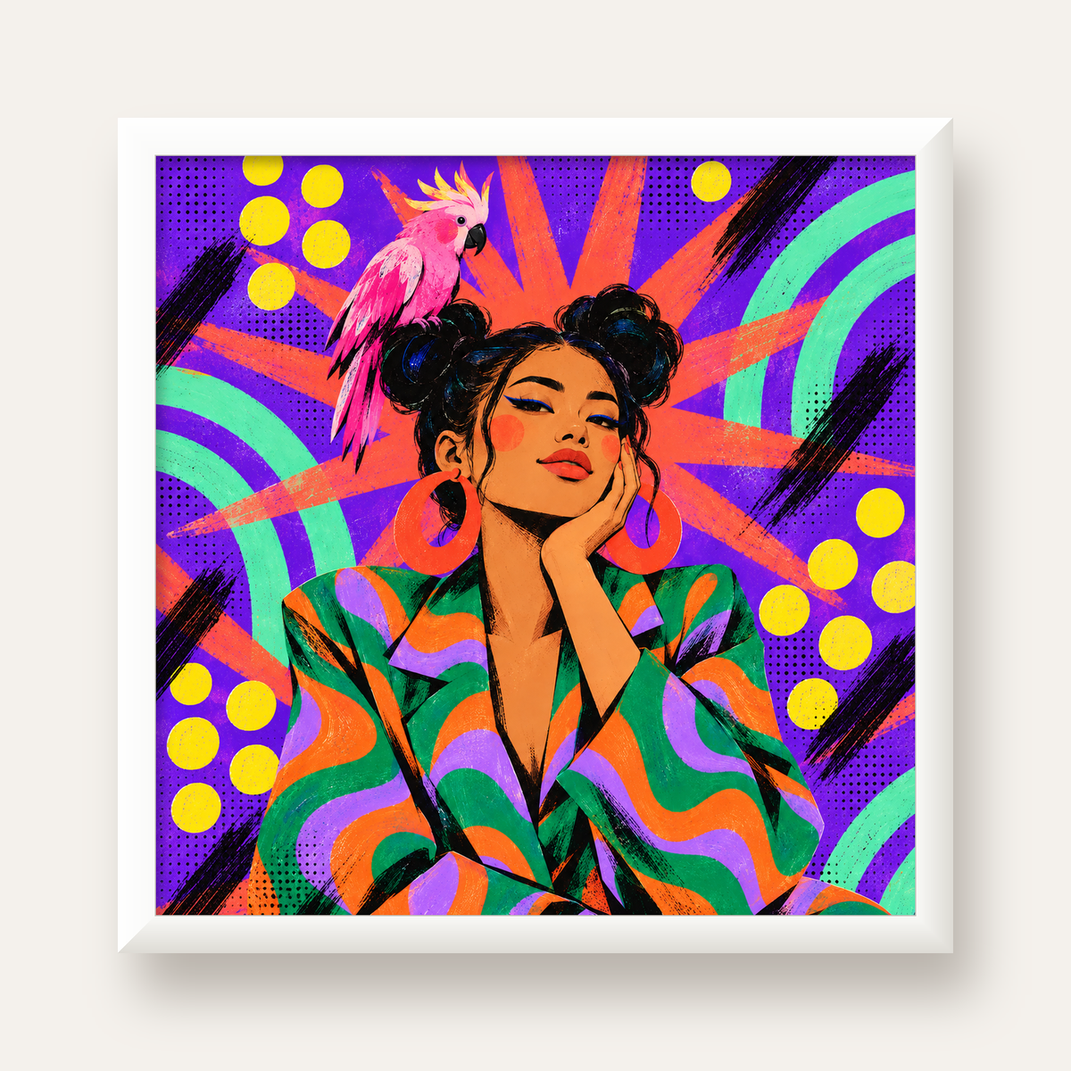 Renkli Pop Art Portre & Papağan Poster – Canlı Modern Sanat — beyaz çerçeveli kare poster