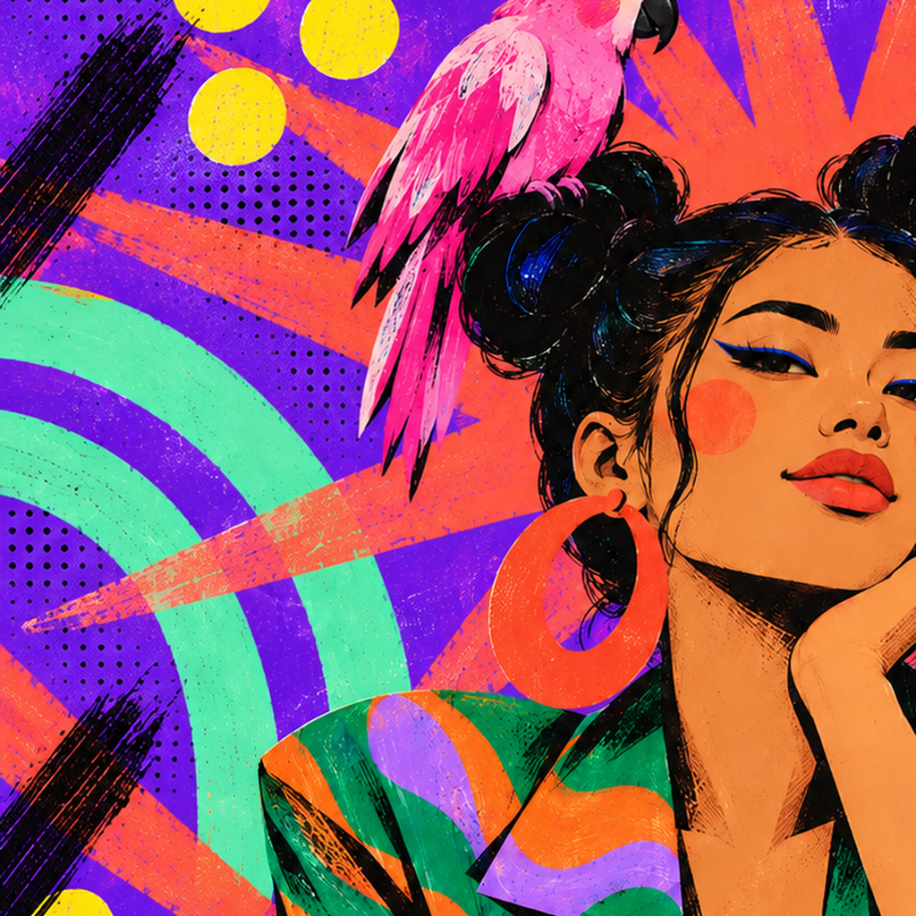 Renkli Pop Art Portre & Papağan Poster – Canlı Modern Sanat — baskının yakın çekimi, kâğıt dokusu ve renk detayı