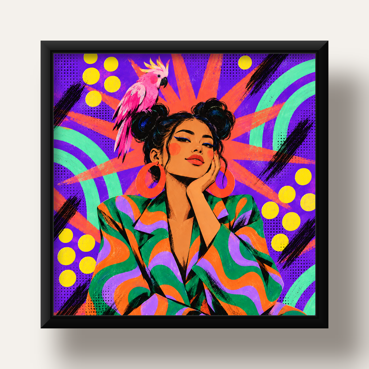 Renkli Pop Art Portre & Papağan Poster – Canlı Modern Sanat — siyah derin çerçeveli