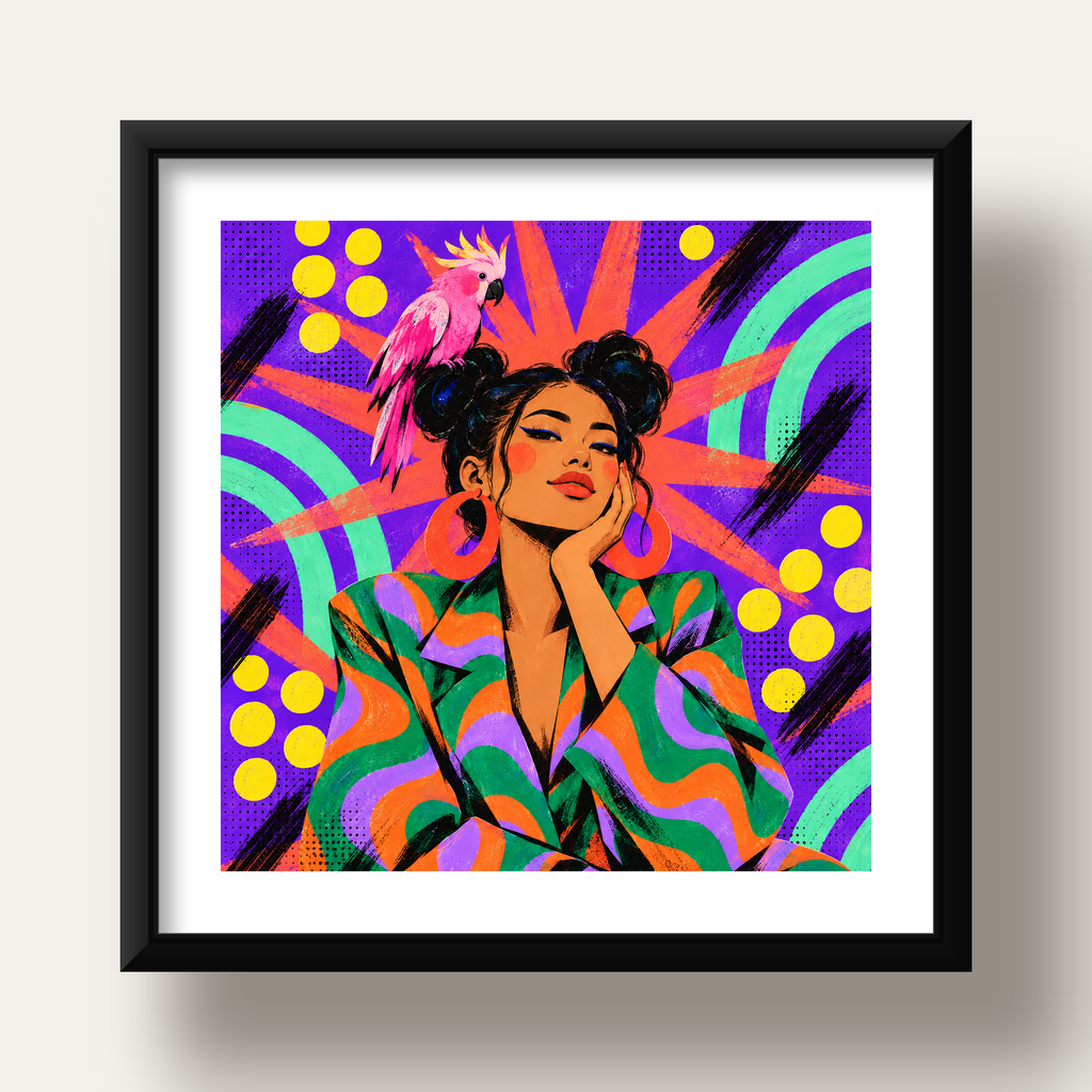 Renkli Pop Art Portre & Papağan Poster – Canlı Modern Sanat — siyah derin çerçeveli paspartulu