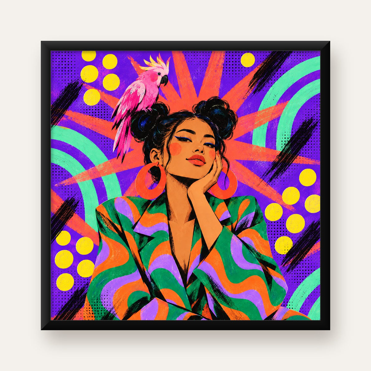 Renkli Pop Art Portre & Papağan Poster – Canlı Modern Sanat — Kare baskı, düz siyah çerçeveli duvar posteri