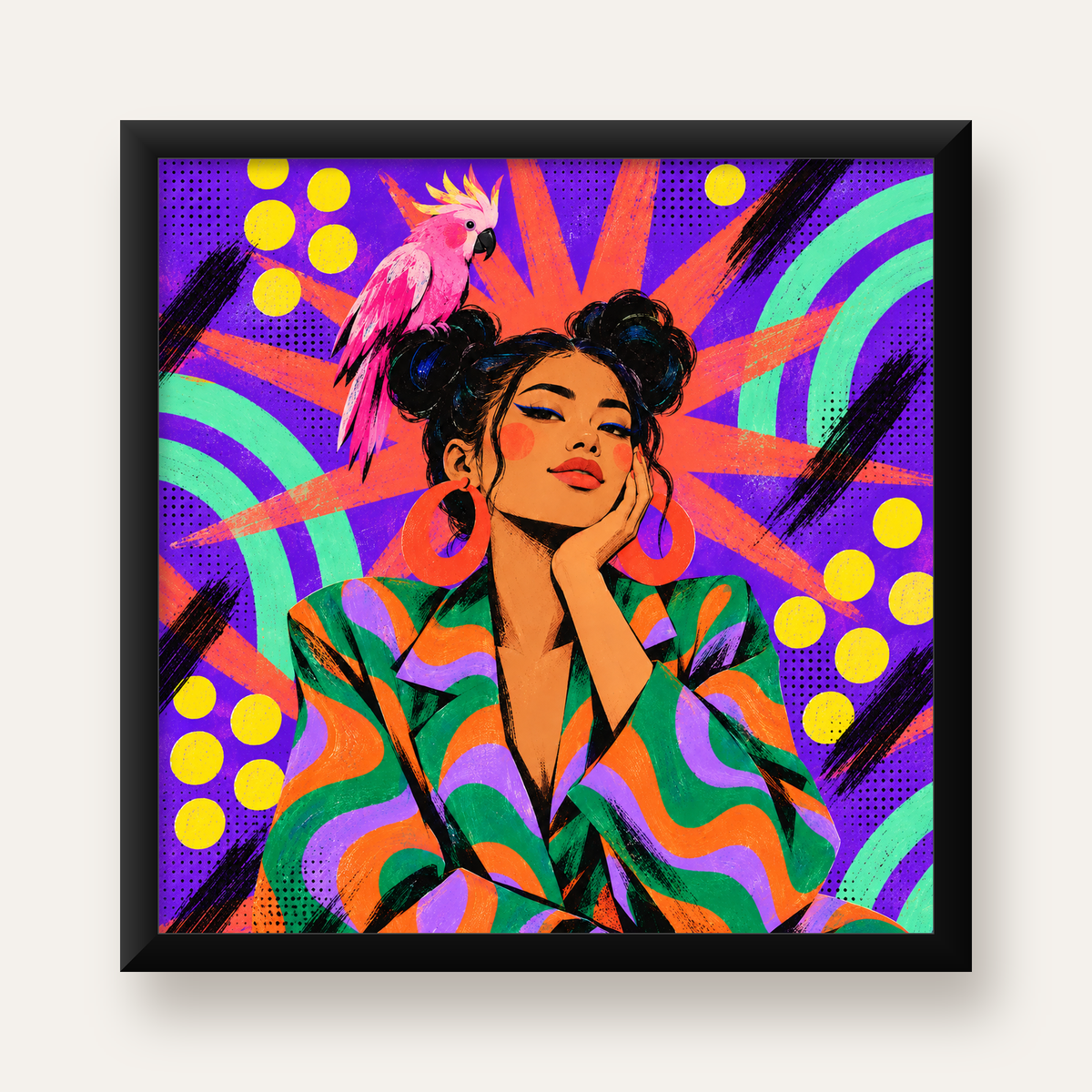Renkli Pop Art Portre & Papağan Poster – Canlı Modern Sanat — Kare baskı, düz siyah çerçeveli duvar posteri