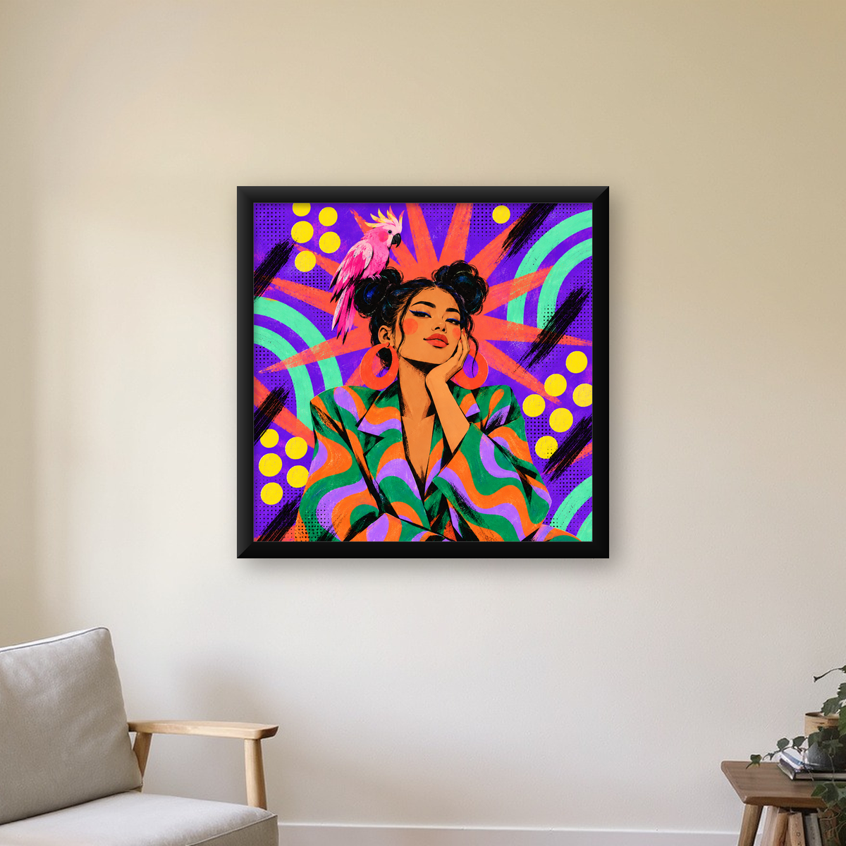 Renkli Pop Art Portre & Papağan Poster – Canlı Modern Sanat — Kare baskı, çerçeveli hâliyle bir ev duvarında