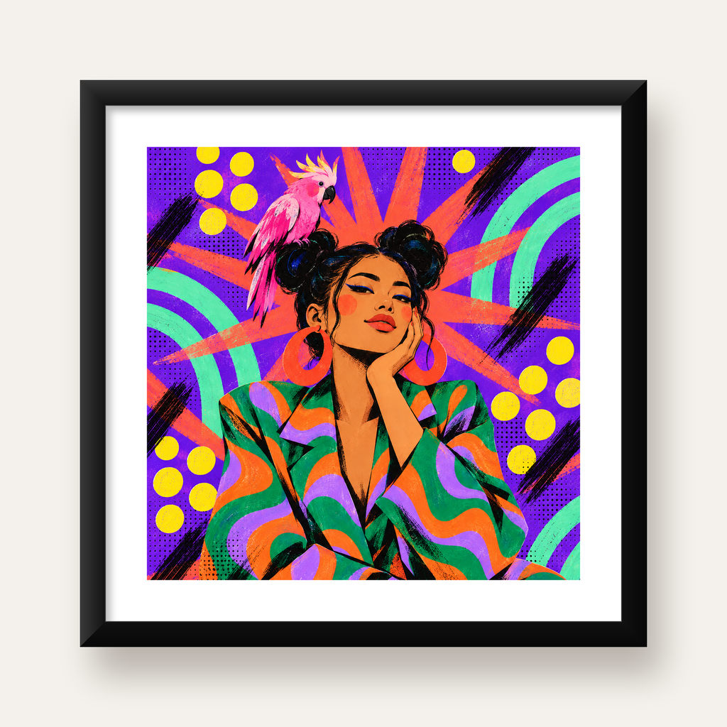 Renkli Pop Art Portre & Papağan Poster – Canlı Modern Sanat — Kare baskı, beyaz paspartulu