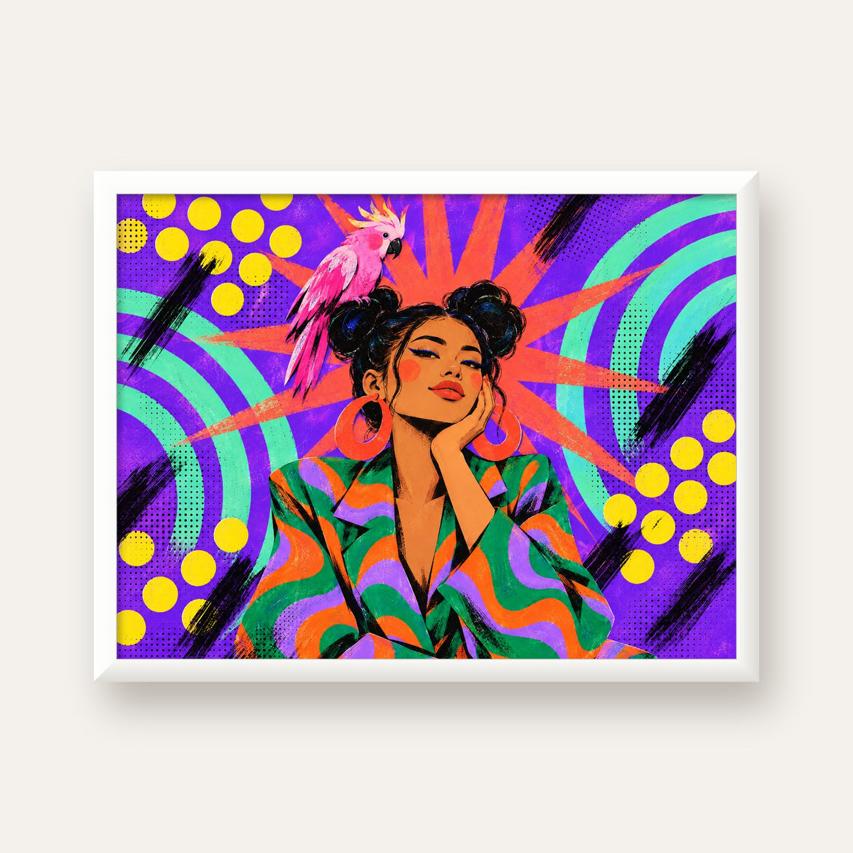 Renkli Pop Art Portre & Papağan Poster – Canlı Modern Sanat — beyaz çerçeveli yatay poster