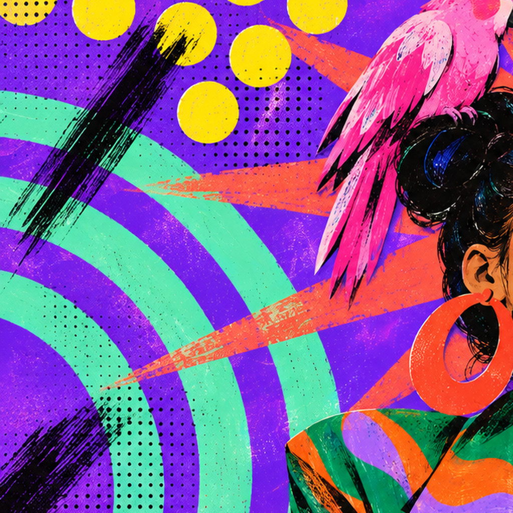 Renkli Pop Art Portre & Papağan Poster – Canlı Modern Sanat — baskının yakın çekimi, kâğıt dokusu ve renk detayı