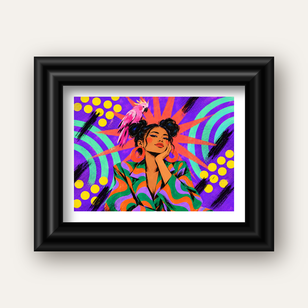 Renkli Pop Art Portre & Papağan Poster – Canlı Modern Sanat — siyah galeri çerçeveli paspartulu
