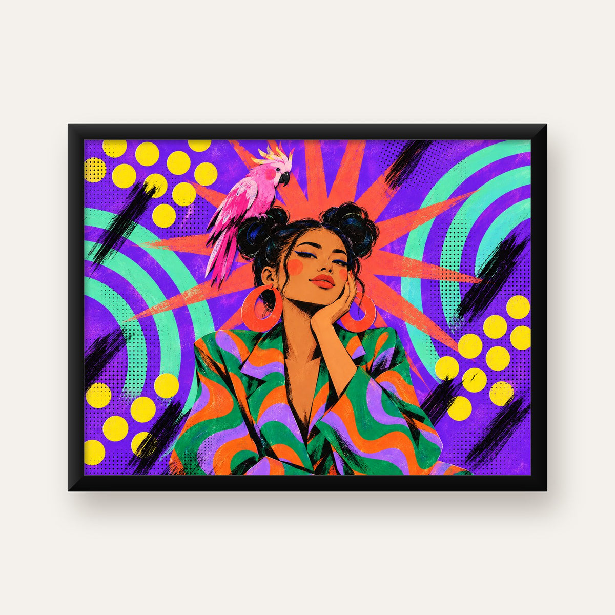 Renkli Pop Art Portre & Papağan Poster – Canlı Modern Sanat — Yatay baskı, düz siyah çerçeveli duvar posteri