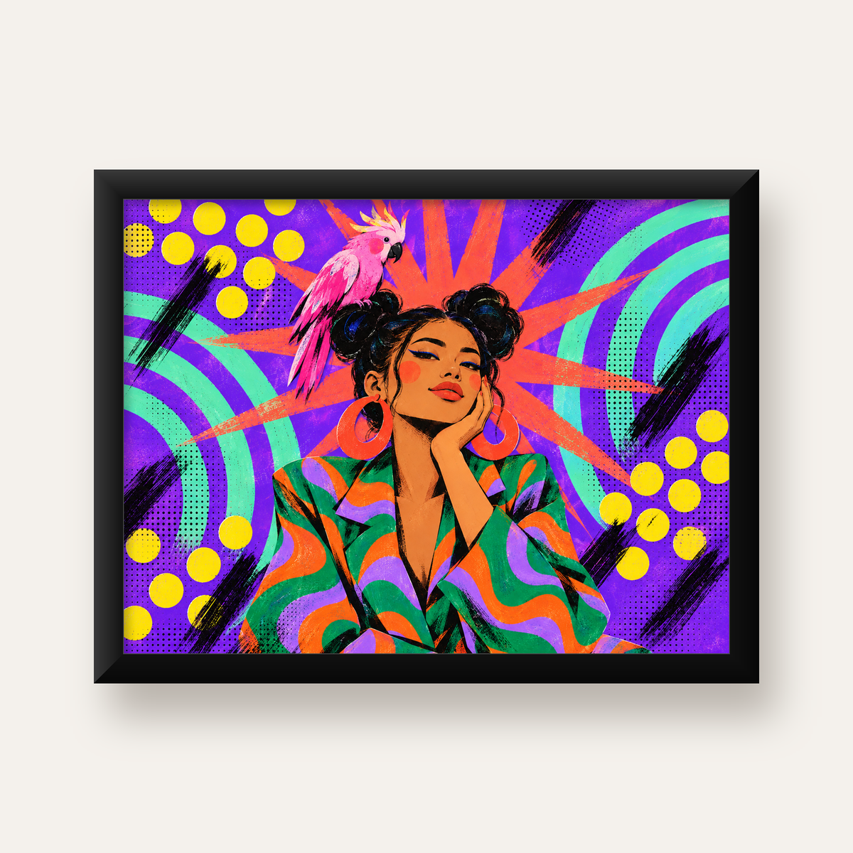 Renkli Pop Art Portre & Papağan Poster – Canlı Modern Sanat — Yatay baskı, düz siyah çerçeveli duvar posteri
